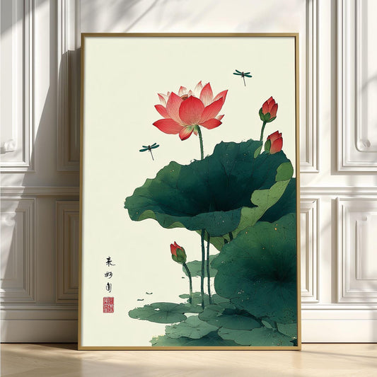 Pink Lotus Flower Wall Art Print, Chinese Ink Painting Poster, Dragonfly Botanical Zen Decor