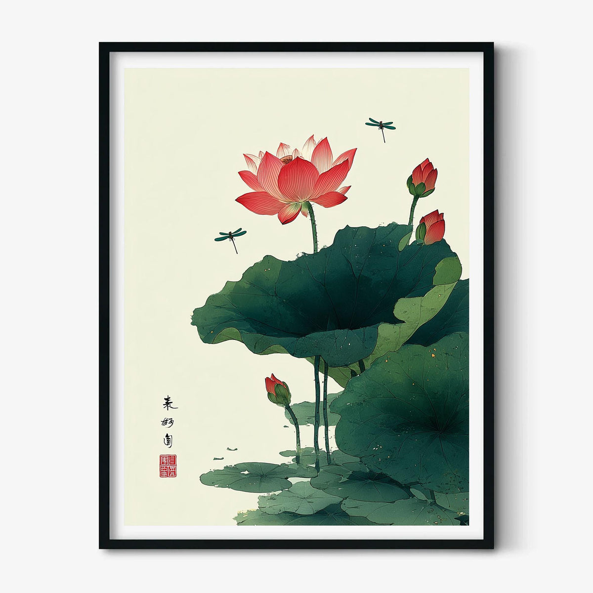 Pink Lotus Flower Wall Art Print, Chinese Ink Painting Poster, Dragonfly Botanical Zen Decor