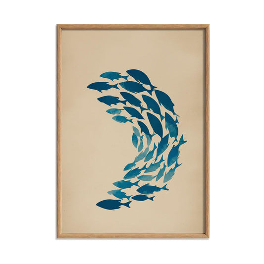 Blue School Of Fish Wall Art Print, Minimalist Coastal Poster, Nautical Bathroom Decor