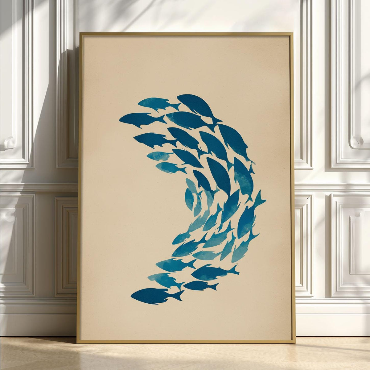 Blue School Of Fish Wall Art Print, Minimalist Coastal Poster, Nautical Bathroom Decor