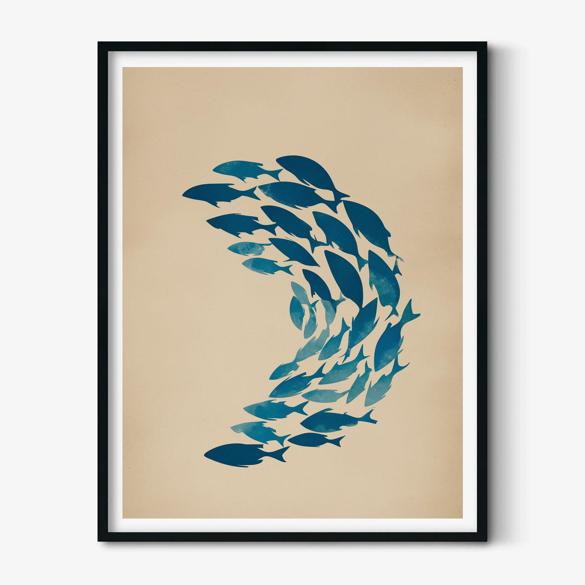 Blue School Of Fish Wall Art Print, Minimalist Coastal Poster, Nautical Bathroom Decor