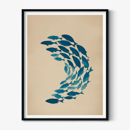 Blue School Of Fish Wall Art Print, Minimalist Coastal Poster, Nautical Bathroom Decor