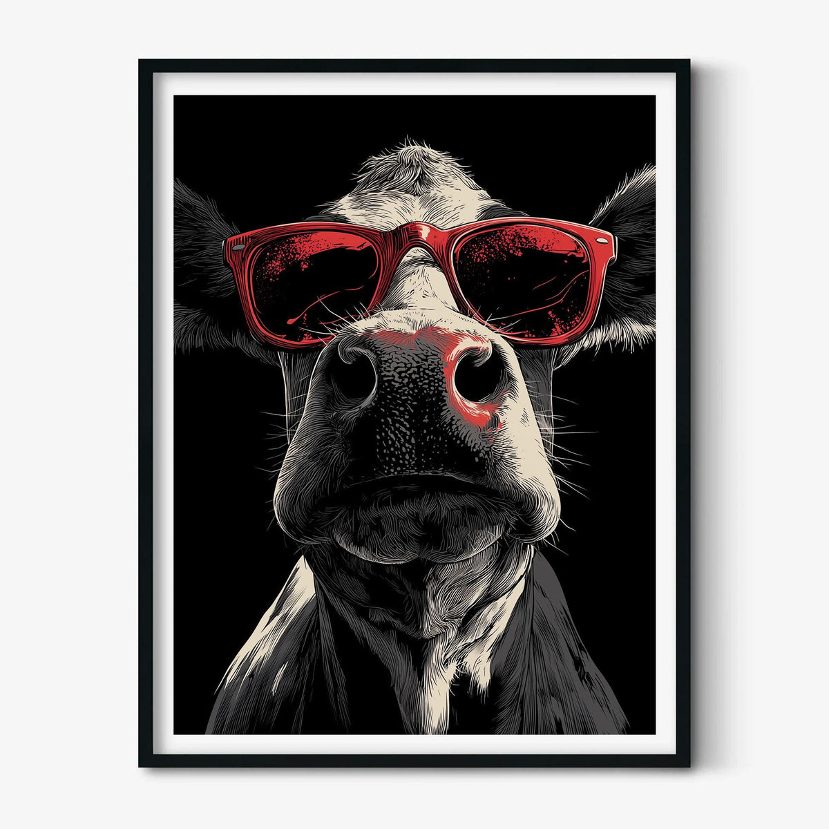 Cow Red Sunglasses Wall Art Print, Funny Farm Animal Poster, Black White Kitchen Decor