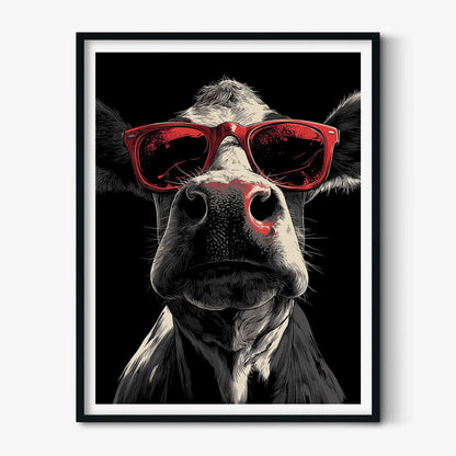 Cow Red Sunglasses Wall Art Print, Funny Farm Animal Poster, Black White Kitchen Decor