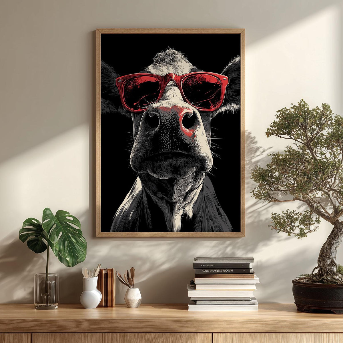 Cow Red Sunglasses Wall Art Print, Funny Farm Animal Poster, Black White Kitchen Decor