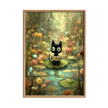 Black Cat Reading Print – Cute Lily Pad Poster | Whimsical Nursery Wall Art