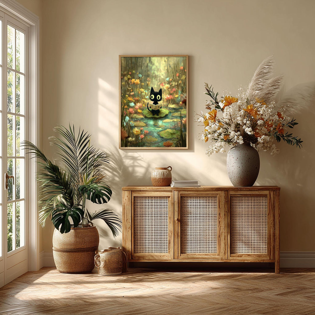 Black Cat Reading Print – Cute Lily Pad Poster | Whimsical Nursery Wall Art