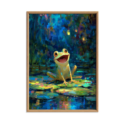 Cute Frog Lily Pad Wall Art Print, Colourful Pond Poster, Whimsical Nursery Decor