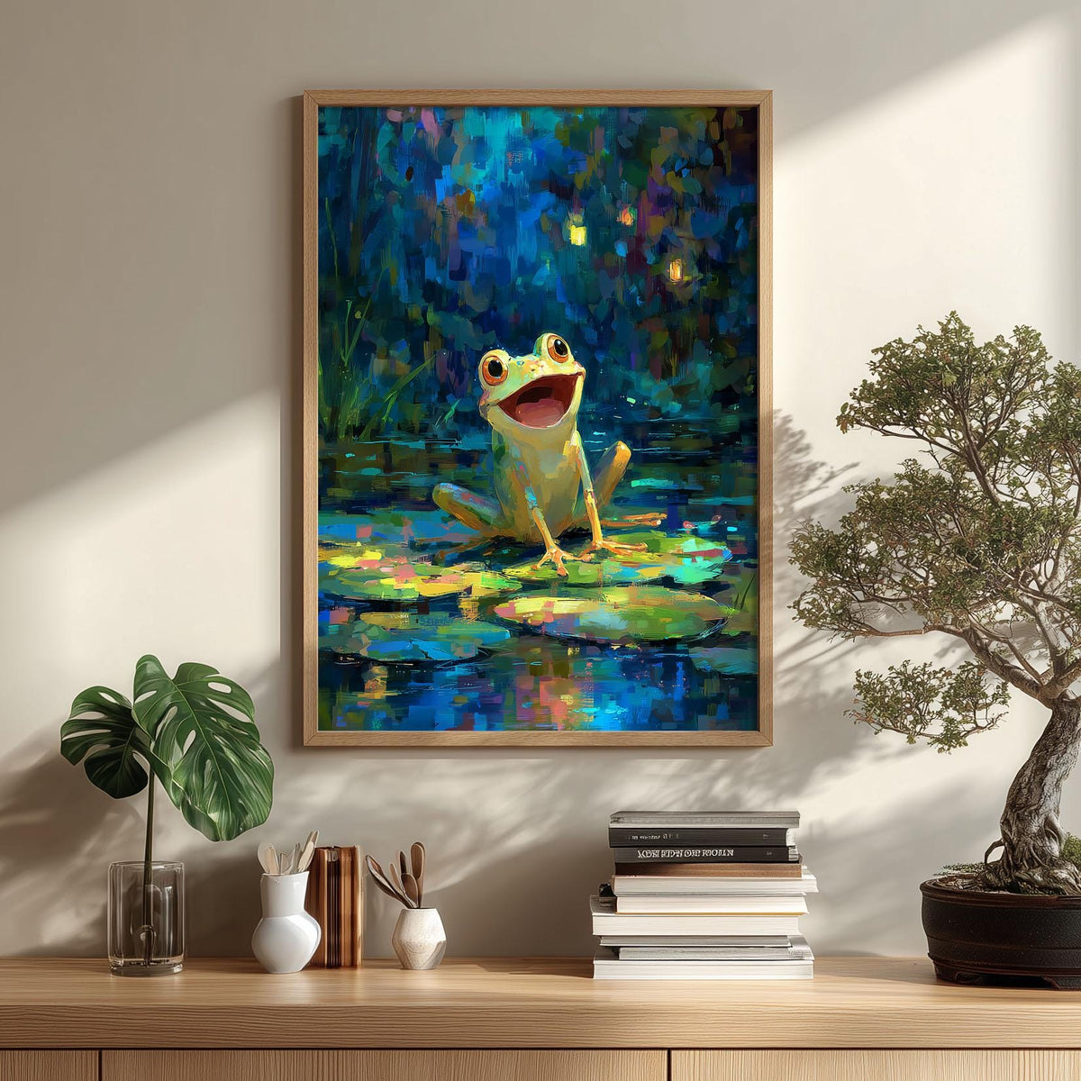 Cute Frog Lily Pad Wall Art Print, Colourful Pond Poster, Whimsical Nursery Decor