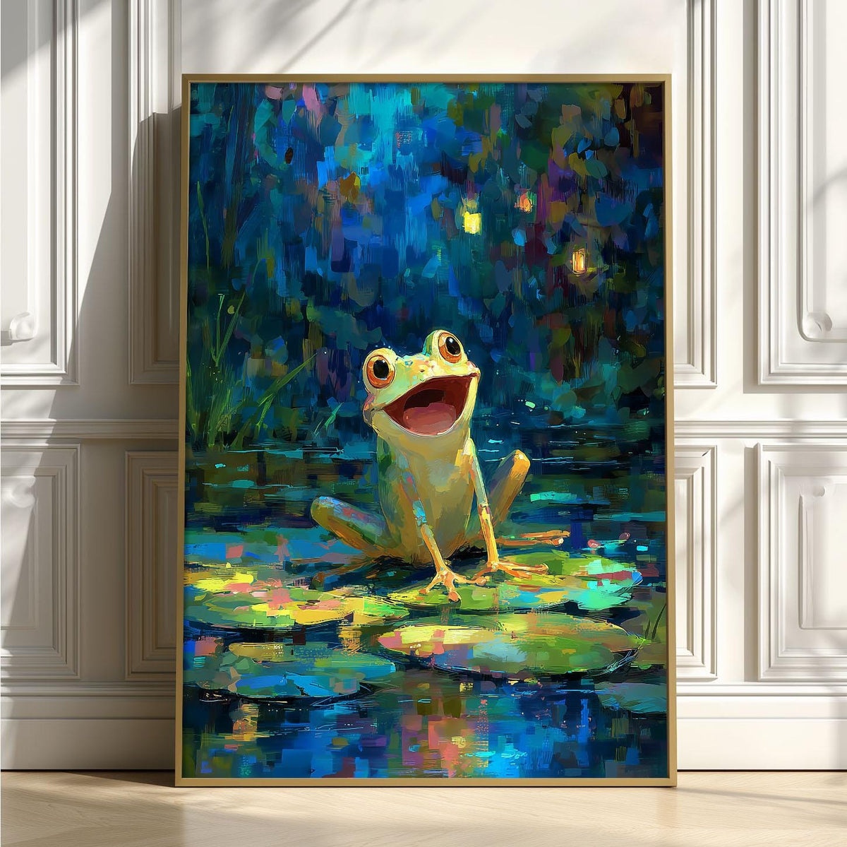Cute Frog Lily Pad Wall Art Print, Colourful Pond Poster, Whimsical Nursery Decor