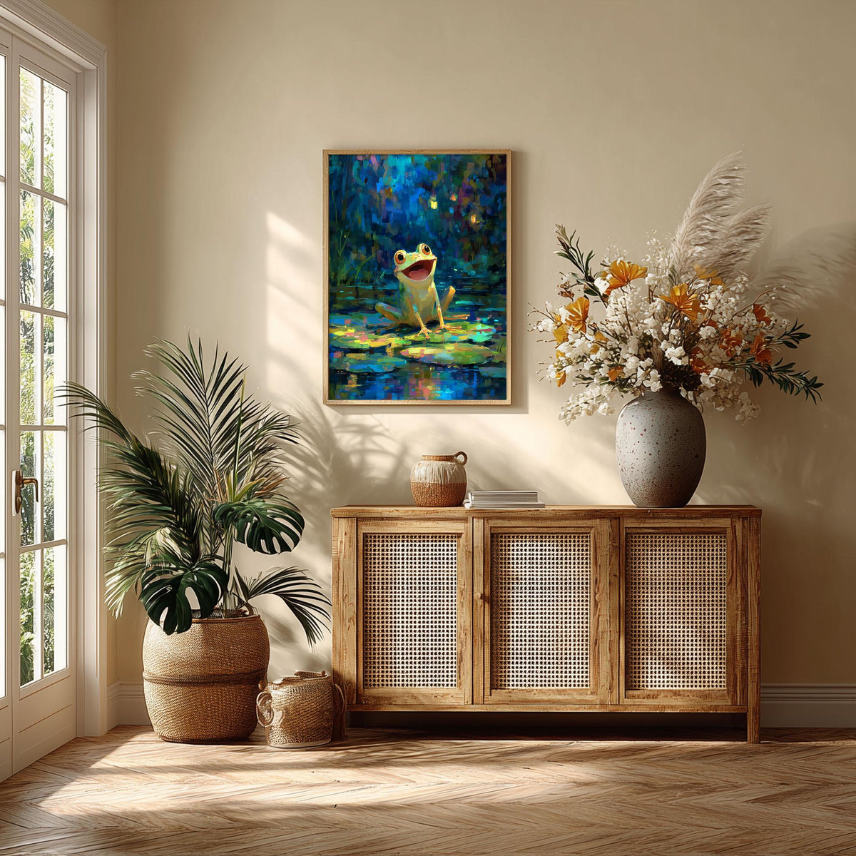 Cute Frog Lily Pad Wall Art Print, Colourful Pond Poster, Whimsical Nursery Decor