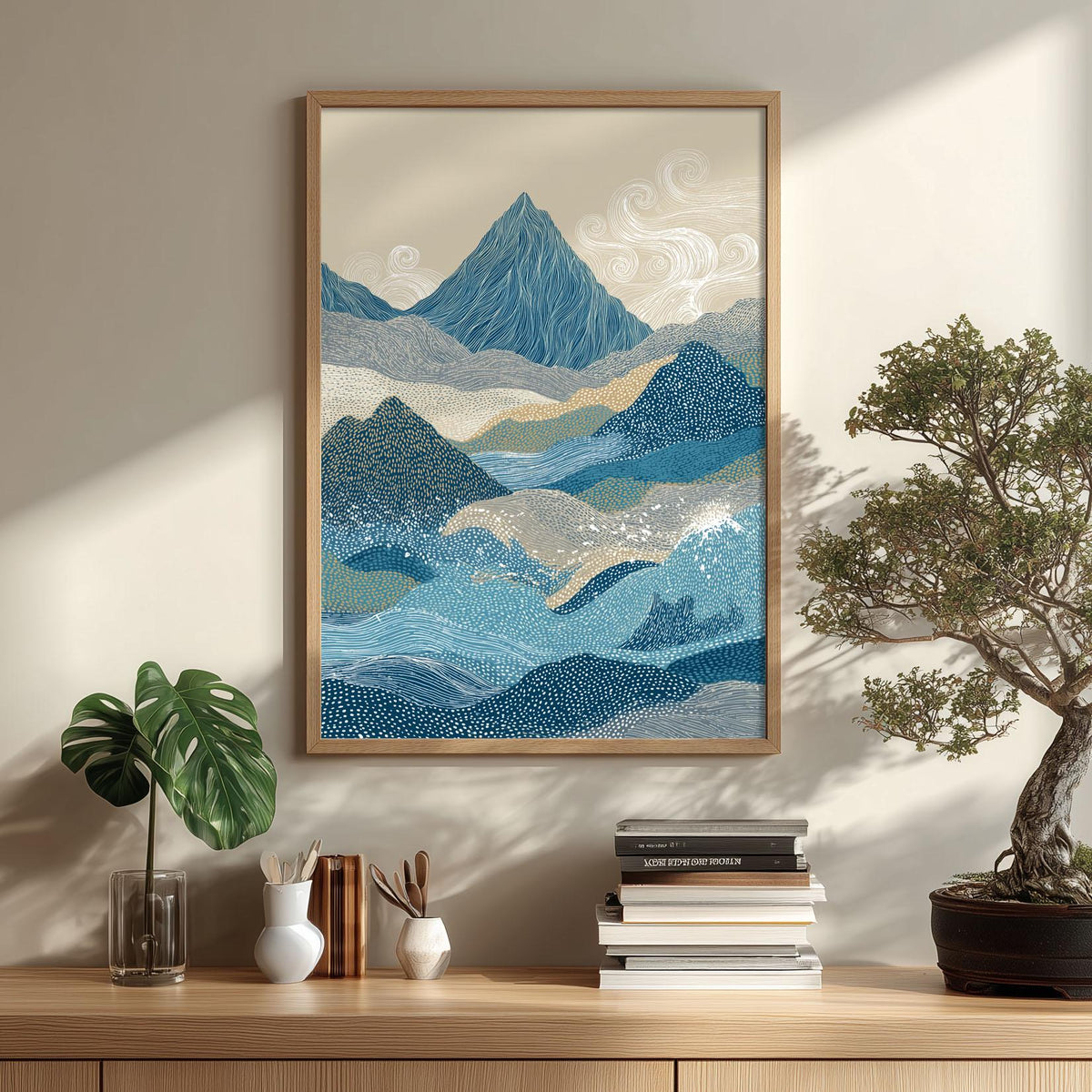 Blue Mountain Landscape Wall Art Print, Abstract Wave Poster, Minimalist Nature Decor