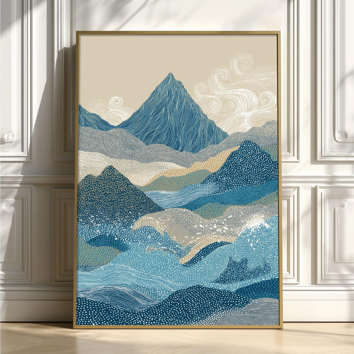 Blue Mountain Landscape Wall Art Print, Abstract Wave Poster, Minimalist Nature Decor