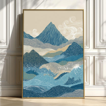 Blue Mountain Landscape Wall Art Print, Abstract Wave Poster, Minimalist Nature Decor