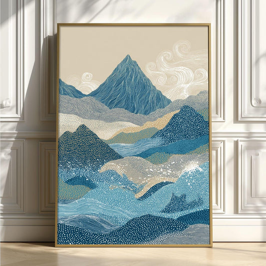 Blue Mountain Landscape Wall Art Print, Abstract Wave Poster, Minimalist Nature Decor