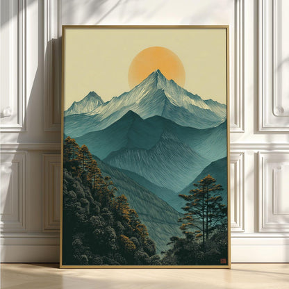 Minimalist Mountain Landscape Wall Art Print, Teal Sunrise Poster, Forest Nature Decor