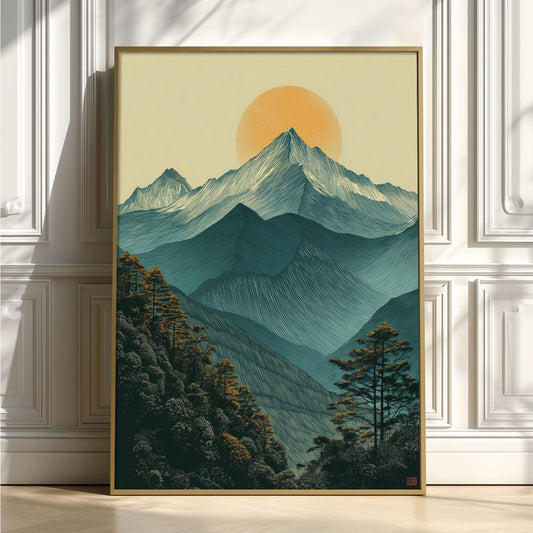 Minimalist Mountain Landscape Wall Art Print, Teal Sunrise Poster, Forest Nature Decor