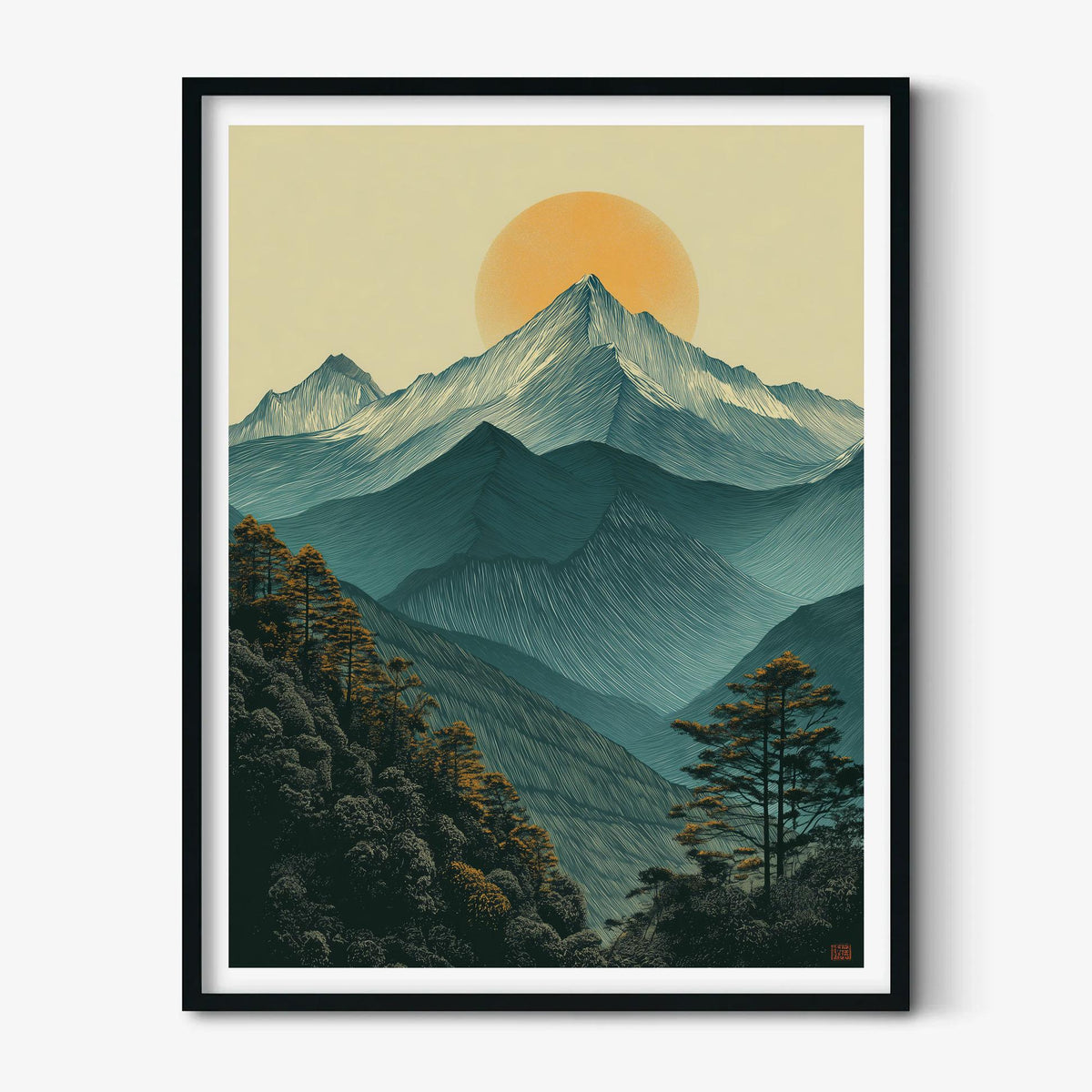 Minimalist Mountain Landscape Wall Art Print, Teal Sunrise Poster, Forest Nature Decor