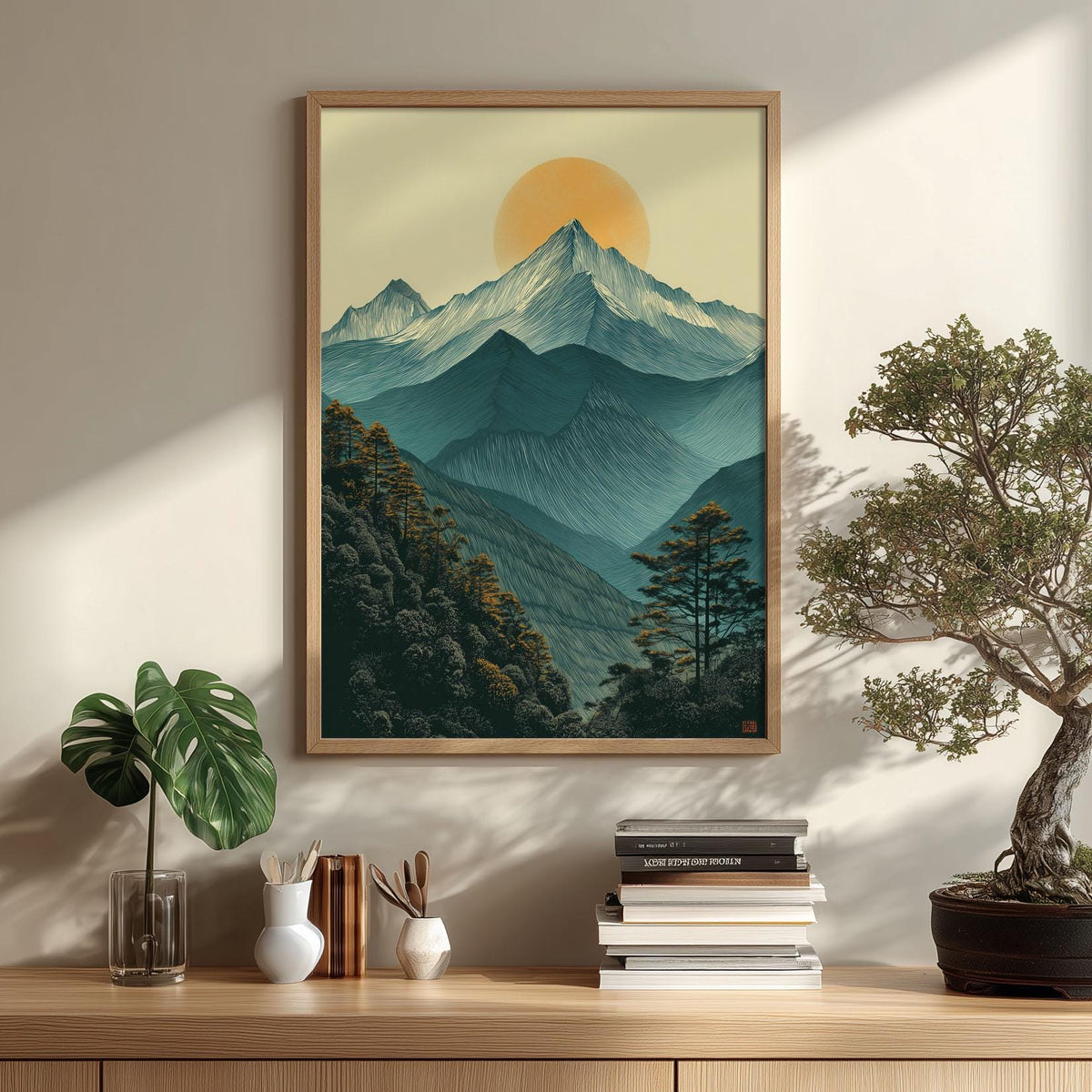 Minimalist Mountain Landscape Wall Art Print, Teal Sunrise Poster, Forest Nature Decor