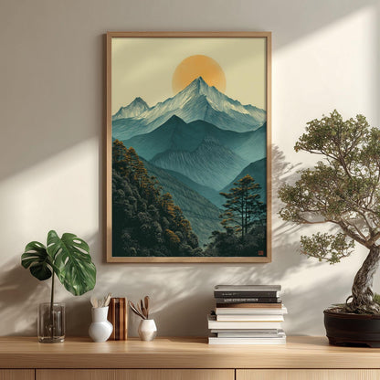 Minimalist Mountain Landscape Wall Art Print, Teal Sunrise Poster, Forest Nature Decor