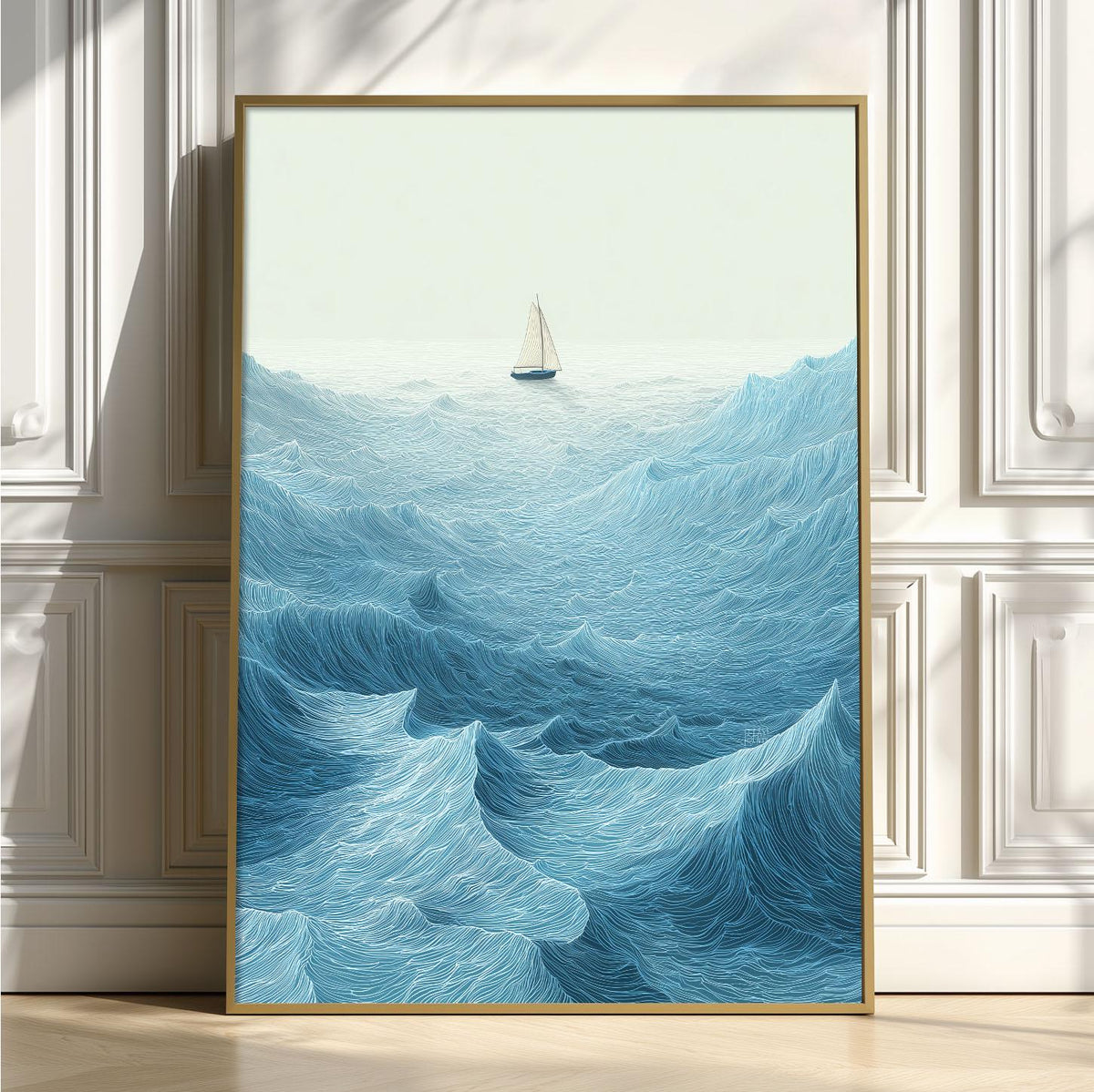 Sailboat Ocean Wave Wall Art Print, Blue Seascape Poster, Coastal Nautical Decor