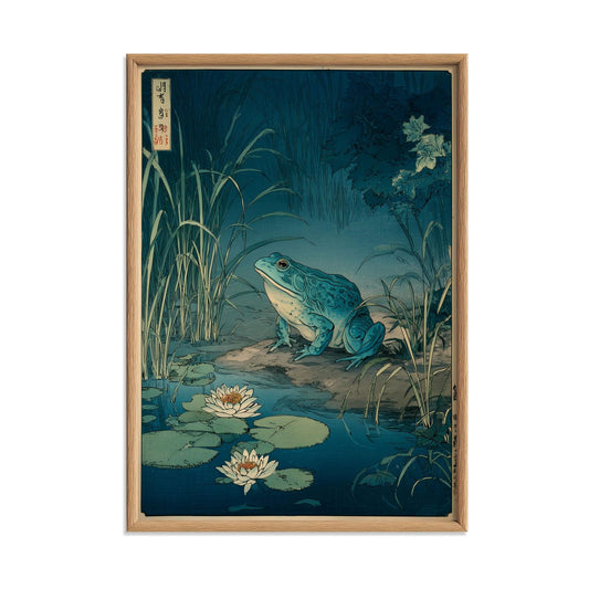 Blue Frog Pond Poster | Japanese Ukiyo-e Art Print, Lily Pad Wall Art, Bathroom Decor