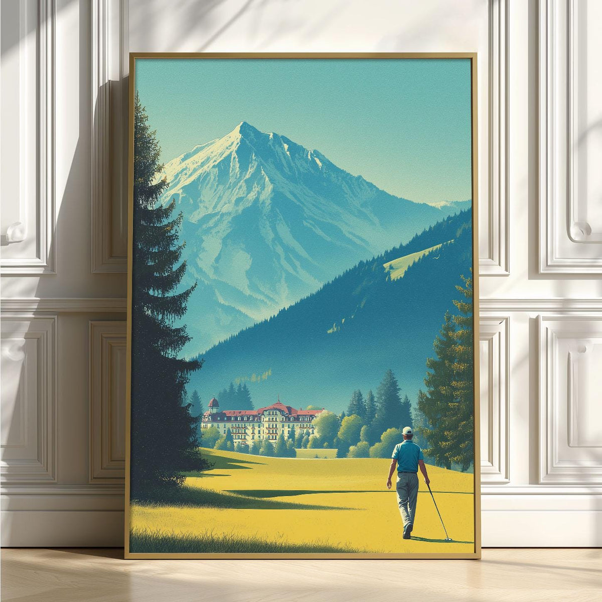 Golf Course Poster | Mountain Landscape Art Print, Golfer Wall Art, Alpine Sports Decor