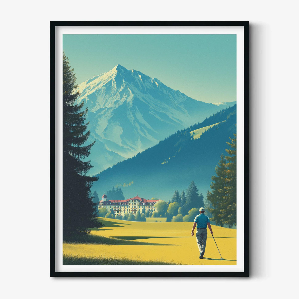 Golf Course Poster | Mountain Landscape Art Print, Golfer Wall Art, Alpine Sports Decor