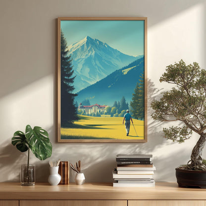 Golf Course Poster | Mountain Landscape Art Print, Golfer Wall Art, Alpine Sports Decor