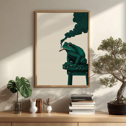 Smoking Frog Poster | Surreal Animal Art Print | Funny Toad Wall Art | Green Decor