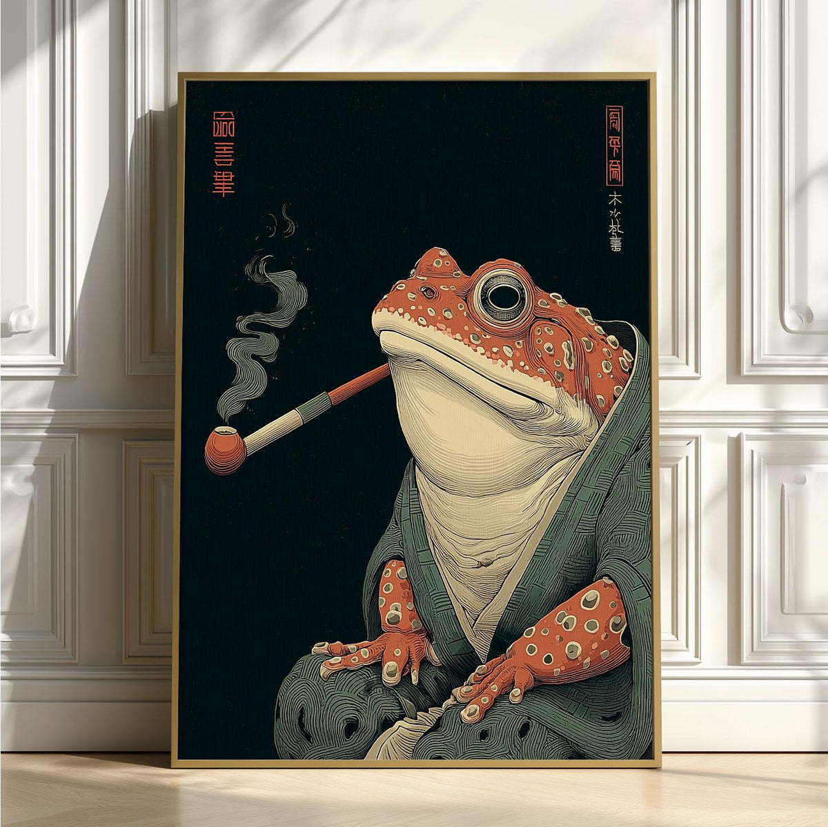 Smoking Frog Poster, Japanese Toad Art Print, Funny Animal Wall Art, Dark Green Decor