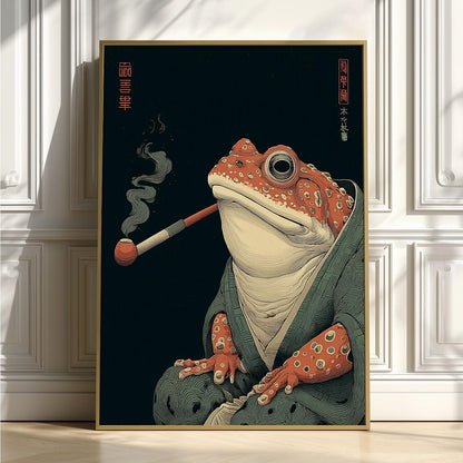 Smoking Frog Poster, Japanese Toad Art Print, Funny Animal Wall Art, Dark Green Decor