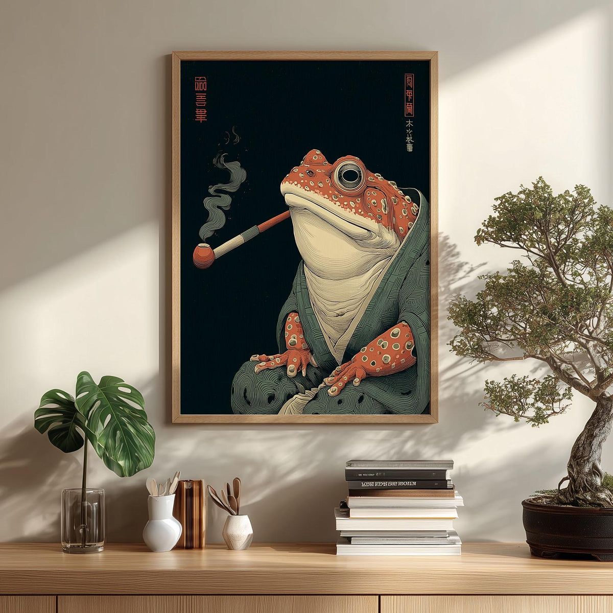 Smoking Frog Poster, Japanese Toad Art Print, Funny Animal Wall Art, Dark Green Decor