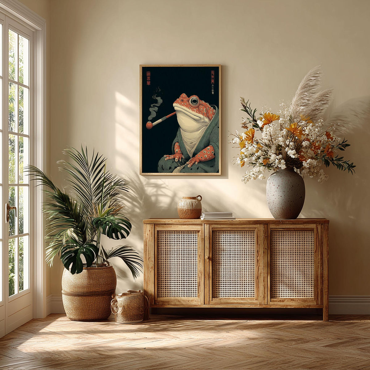 Smoking Frog Poster, Japanese Toad Art Print, Funny Animal Wall Art, Dark Green Decor