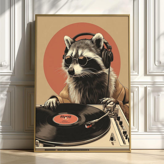 Raccoon DJ Poster | Vinyl Record Art Print | Funny Animal Wall Art | Music Room Decor