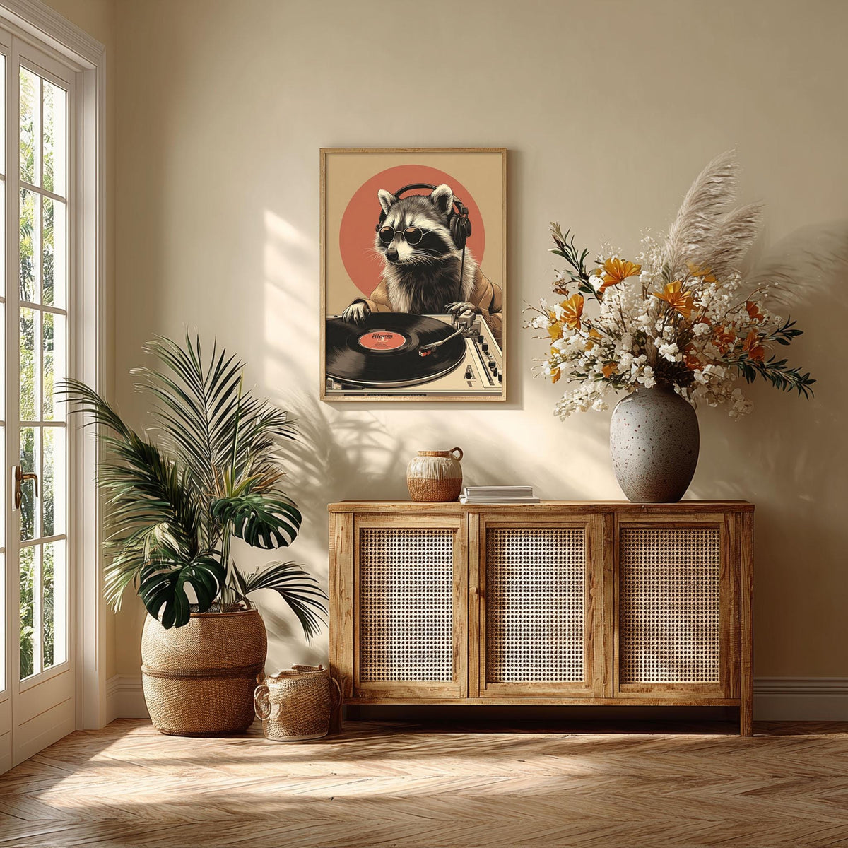 Raccoon DJ Poster | Vinyl Record Art Print | Funny Animal Wall Art | Music Room Decor