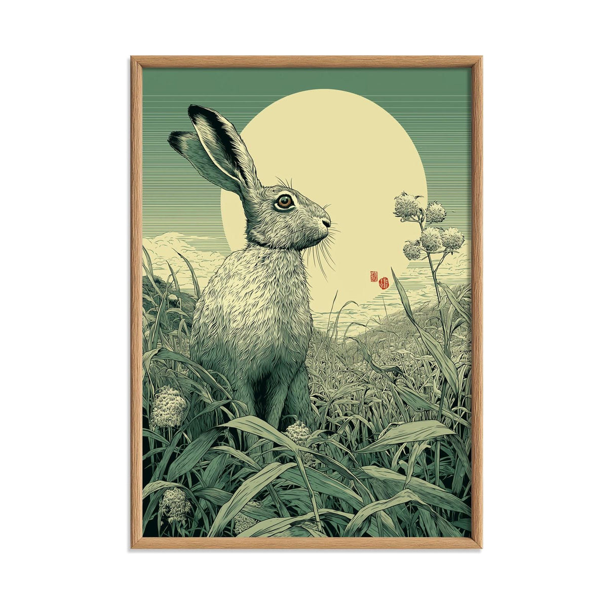 Hare Meadow Poster | Japanese Woodblock Art Print | Rabbit Wall Art | Green Botanical Decor