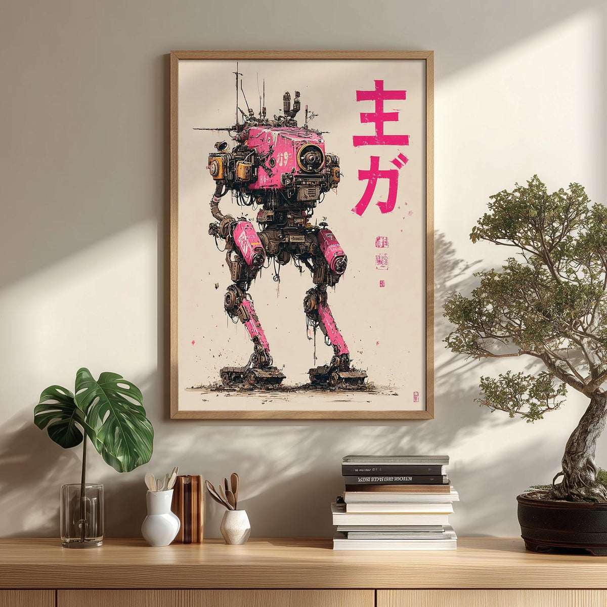 Pink Robot Poster | Japanese Mecha Art Print | Cyberpunk Wall Art | Sci Fi Decor