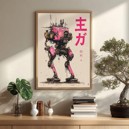 Pink Robot Poster | Japanese Mecha Art Print | Cyberpunk Wall Art | Sci Fi Decor