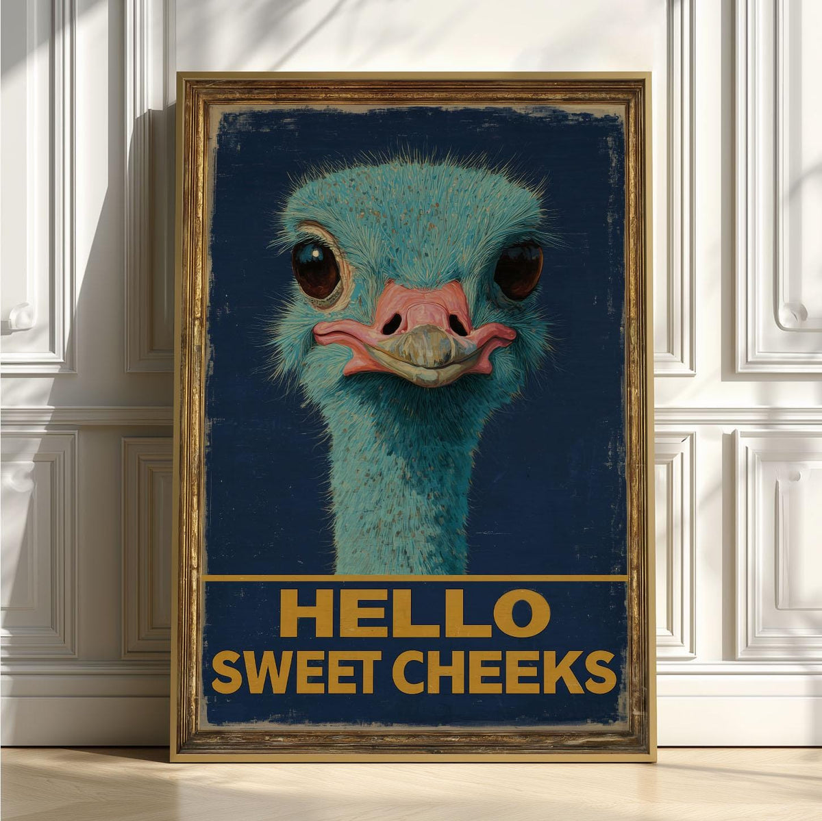 Funny Ostrich Poster, Hello Sweet Cheeks Art Print, Quirky Animal Wall Art, Bathroom Decor