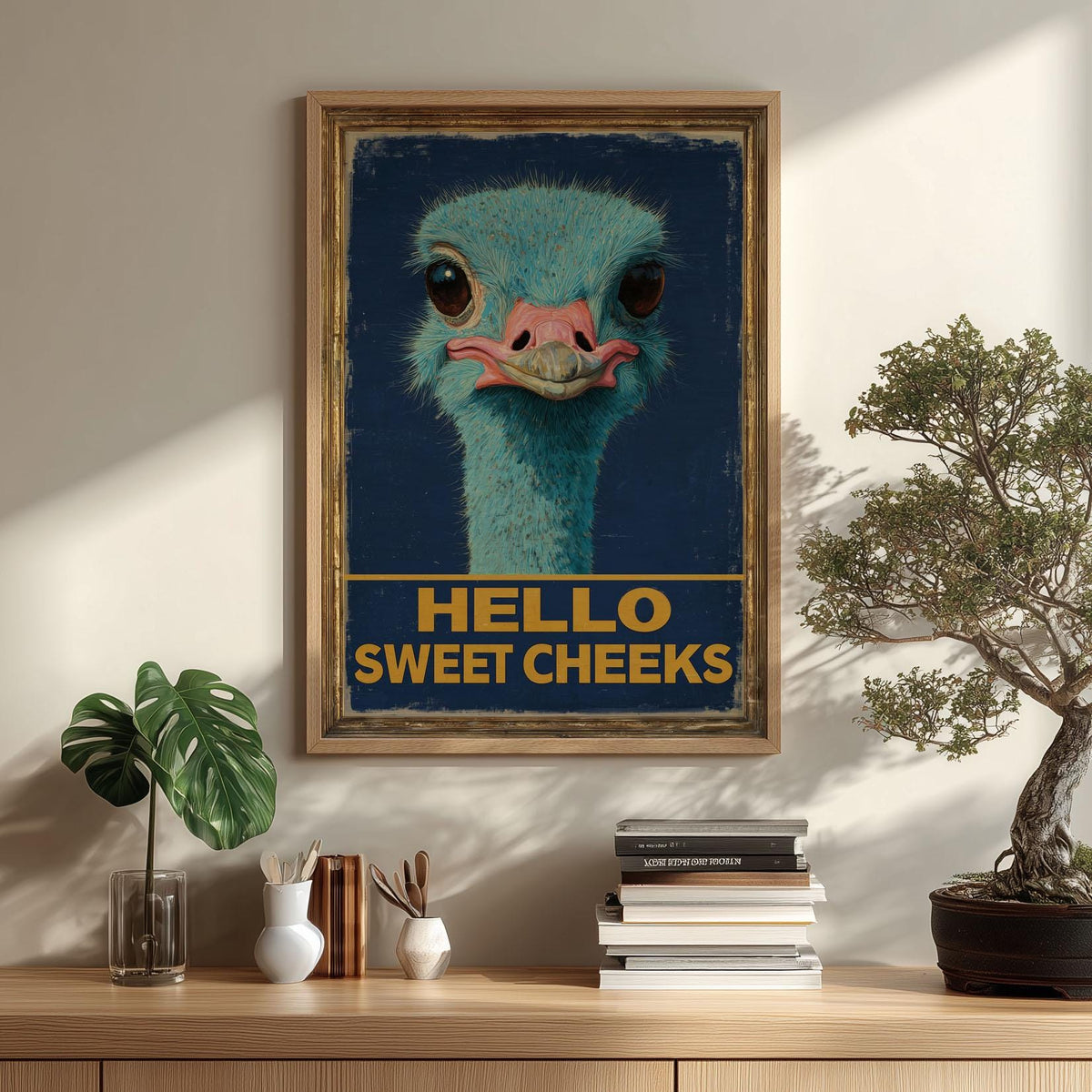 Funny Ostrich Poster, Hello Sweet Cheeks Art Print, Quirky Animal Wall Art, Bathroom Decor