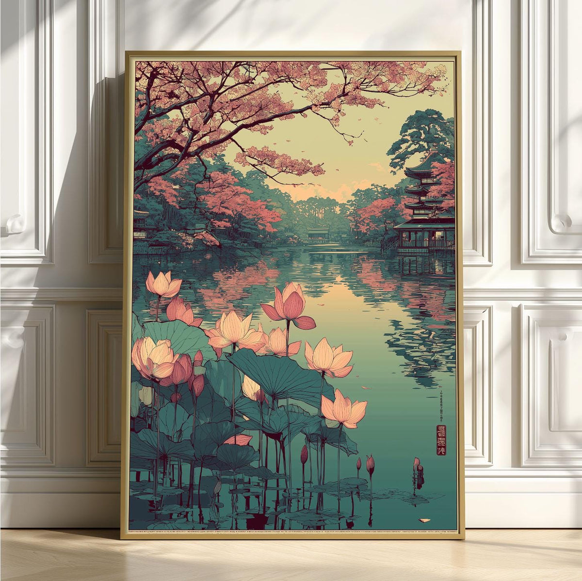Japanese Lotus Lake Poster | Cherry Blossom Art Print | Pagoda Wall Art | Zen Decor