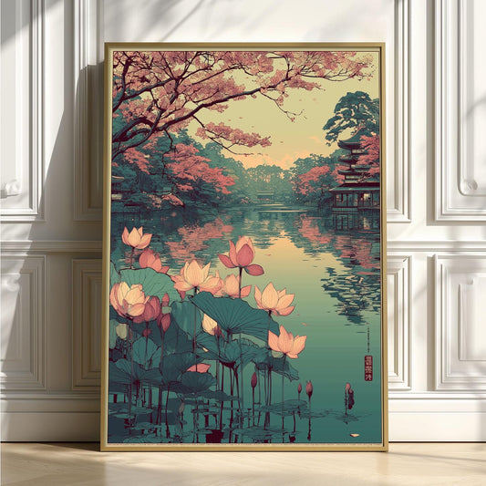 Japanese Lotus Lake Poster | Cherry Blossom Art Print | Pagoda Wall Art | Zen Decor