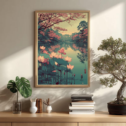 Japanese Lotus Lake Poster | Cherry Blossom Art Print | Pagoda Wall Art | Zen Decor