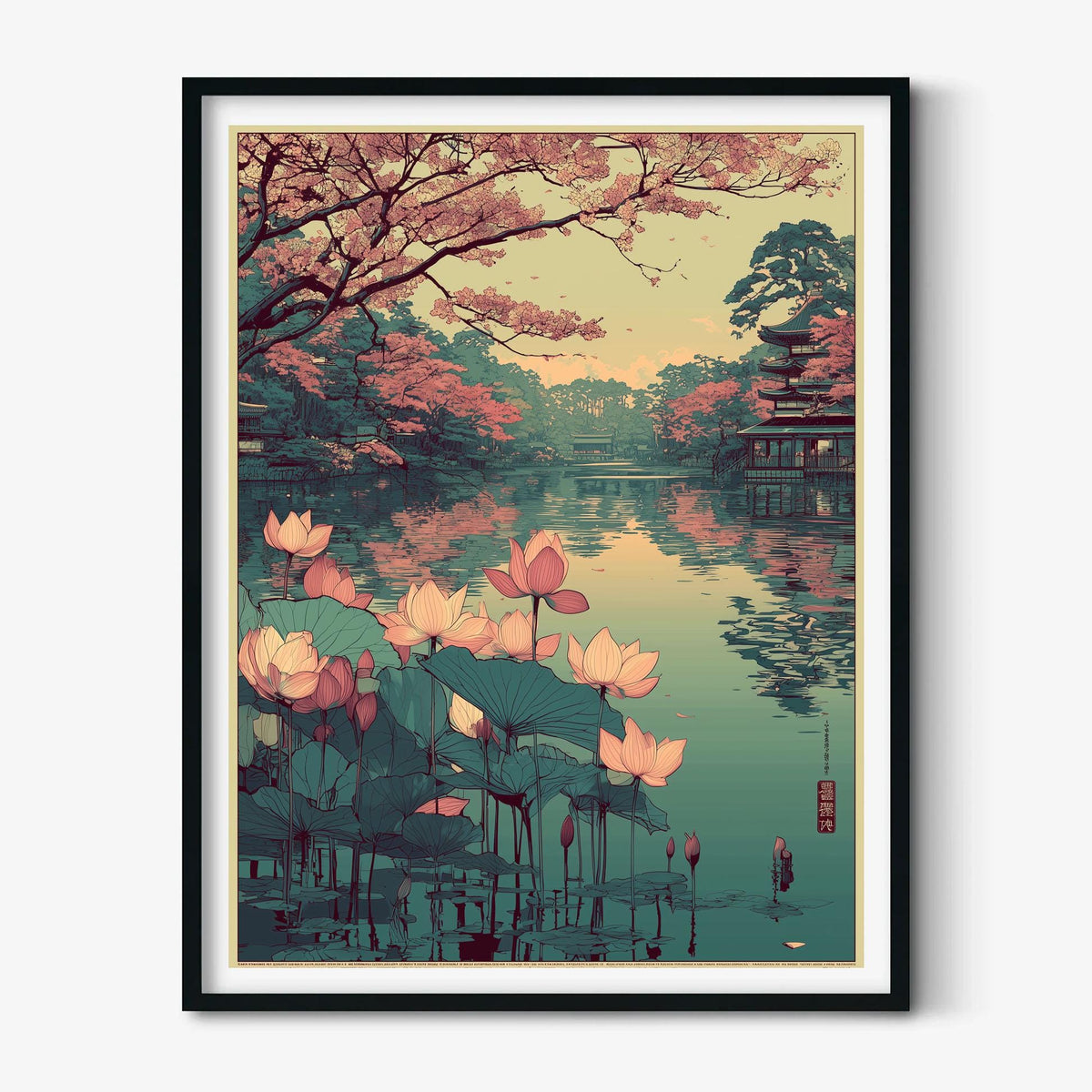 Japanese Lotus Lake Poster | Cherry Blossom Art Print | Pagoda Wall Art | Zen Decor