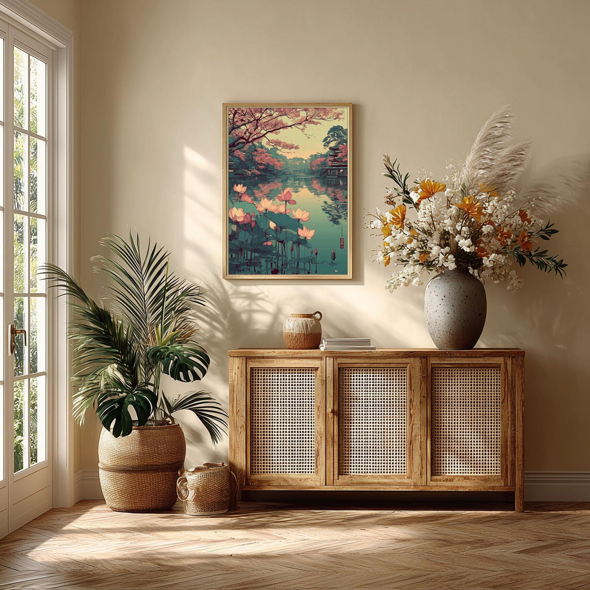 Japanese Lotus Lake Poster | Cherry Blossom Art Print | Pagoda Wall Art | Zen Decor