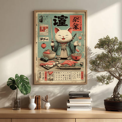 Lucky Cat Poster, Japanese Maneki Neko Art Print, Sushi Cat Wall Art, Kitchen Decor