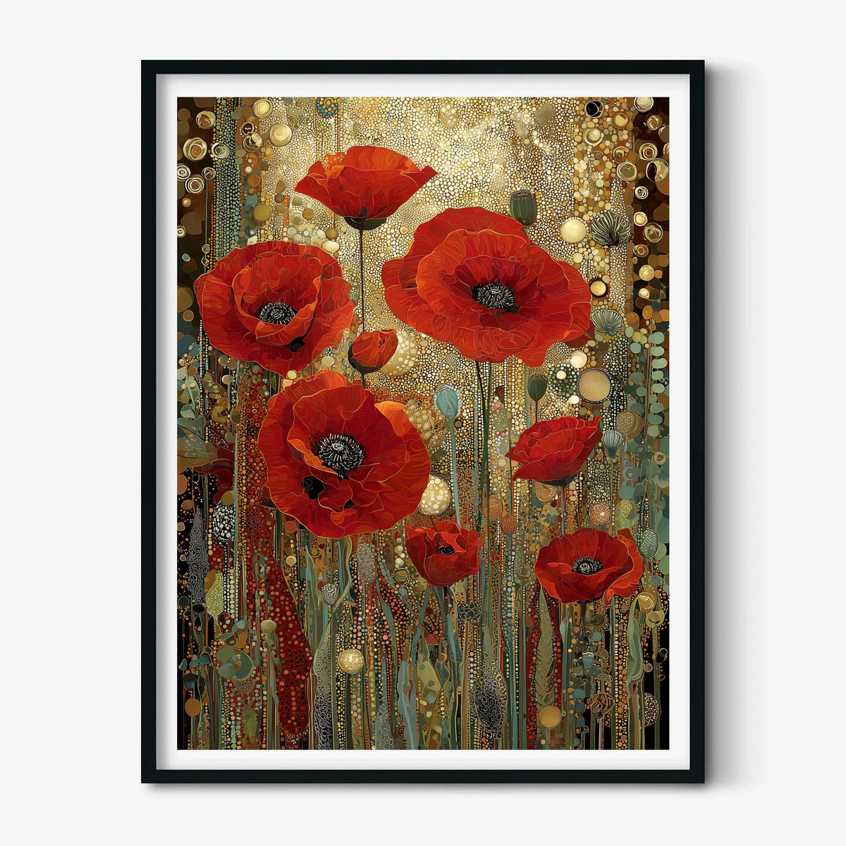 Red Poppy Poster | Art Nouveau Floral Print | Gold Botanical Wall Art | Luxury Flower Decor