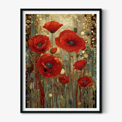 Red Poppy Poster | Art Nouveau Floral Print | Gold Botanical Wall Art | Luxury Flower Decor