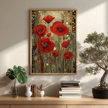 Red Poppy Poster | Art Nouveau Floral Print | Gold Botanical Wall Art | Luxury Flower Decor